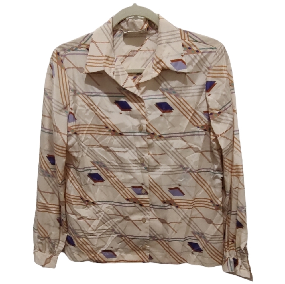 LANVIN Vintage Art Deco Pattern Silk Blouse - Size 10